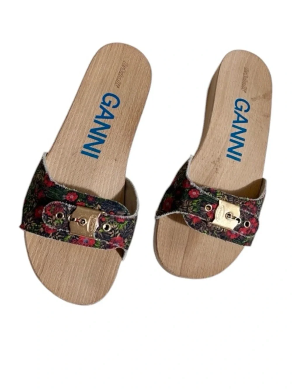 🌻NEW GANNI x Dr. Scholl’s Red Floral Buckle Wooden Clog Slide Sandals Size 10 - Picture 7 of 10